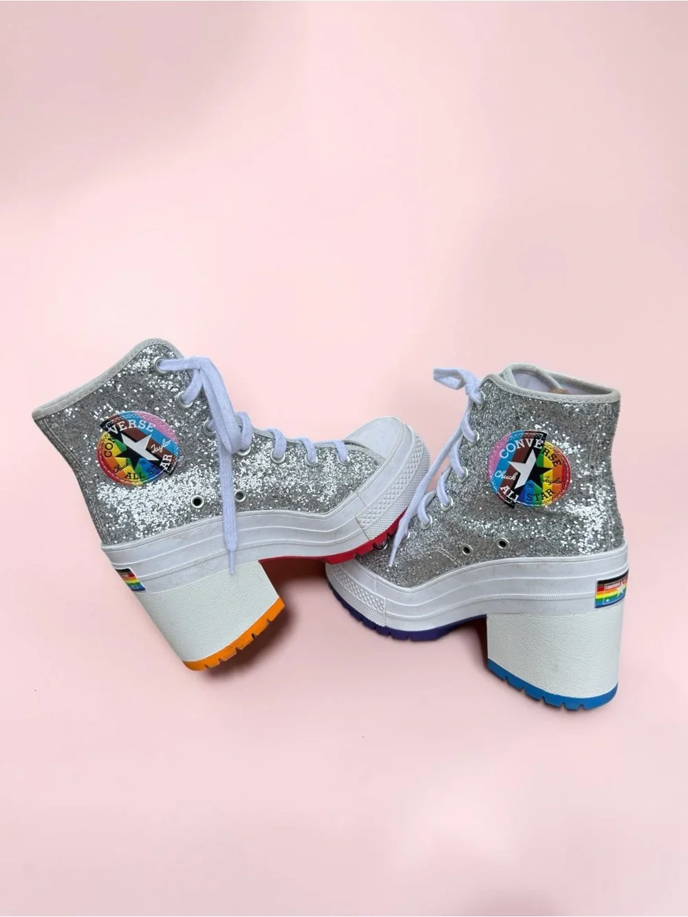 Converse Chuck 70 De Luxe Heel Disco Glam Silver Glitter Pride Chunky women sz 5